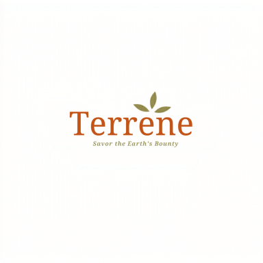 Logo for Terrene, featuring the word "Terrene" in orange with green leaves above it.