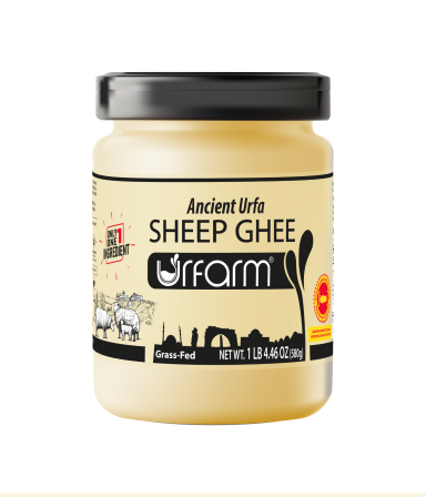 Jar of Ancient Ghee made from sheep, labeled with nutrition information and brand logo.