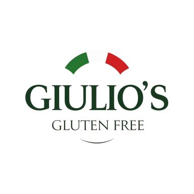 Giulio's Gluten Free logo featuring green text and Italian flag colors.