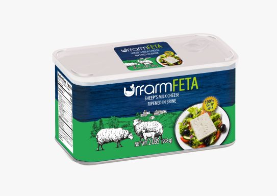 Sheeps Milk Feta Cheese in Tin Container of feta cheese with sheep illustrations and salad imagery.